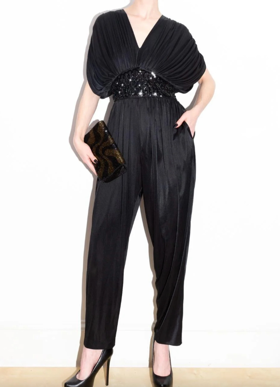 Vintage 80s Disco Dynasty Jumpsuit Avant Garde Draped Sequin Party Size 10